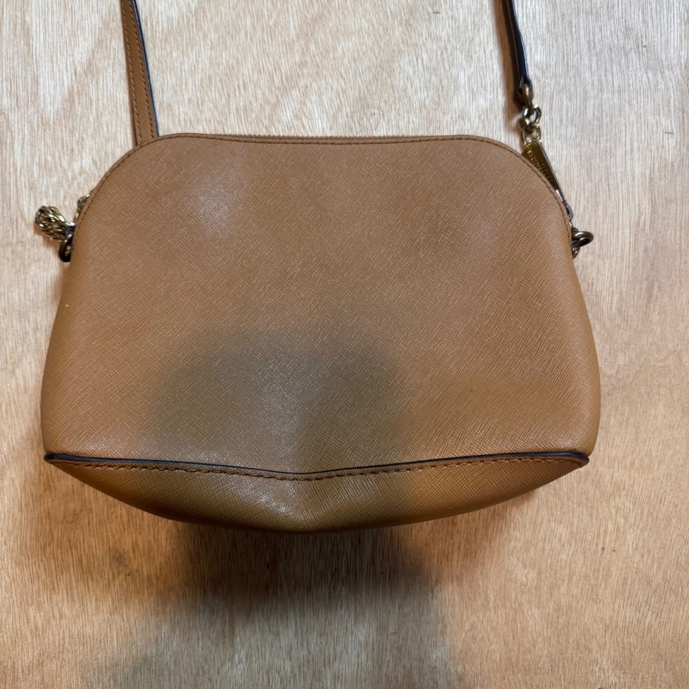 Michael Kors Brown Saffiano Leather Dome Crossbody Bag Tan Gold Hardware Purse - Picture 6 of 8